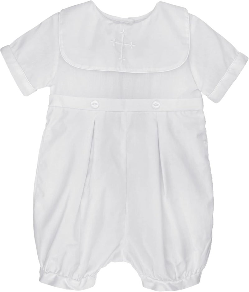 Petit Ami Baby Boys' Hand-Embroidered Cross Christening Romper, White - Image 1